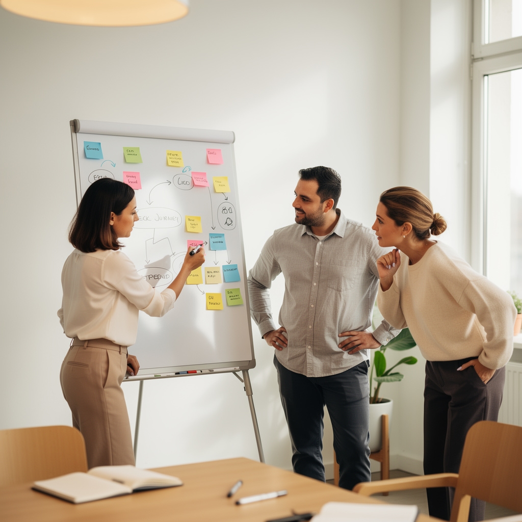 Sesión de mapeo de experiencia de usuario con post-its y diagramas